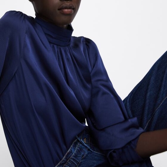 navy blue satin blouse